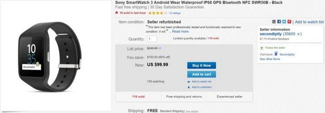 Fotografía - [Alerta Trato] Reformado Sony SmartWatch 3 $ 99 en eBay